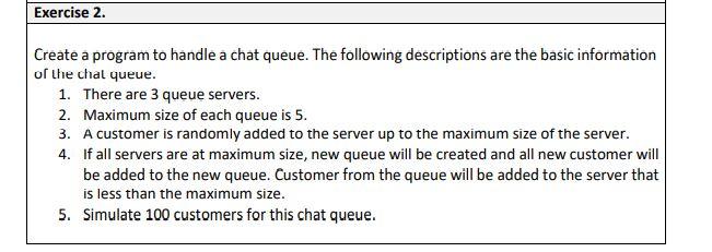 Solved Exercise 2. Create a program to handle a chat queue. | Chegg.com