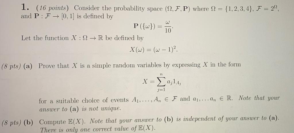 Solved 1. (16 points) Consider the probability space (12, | Chegg.com
