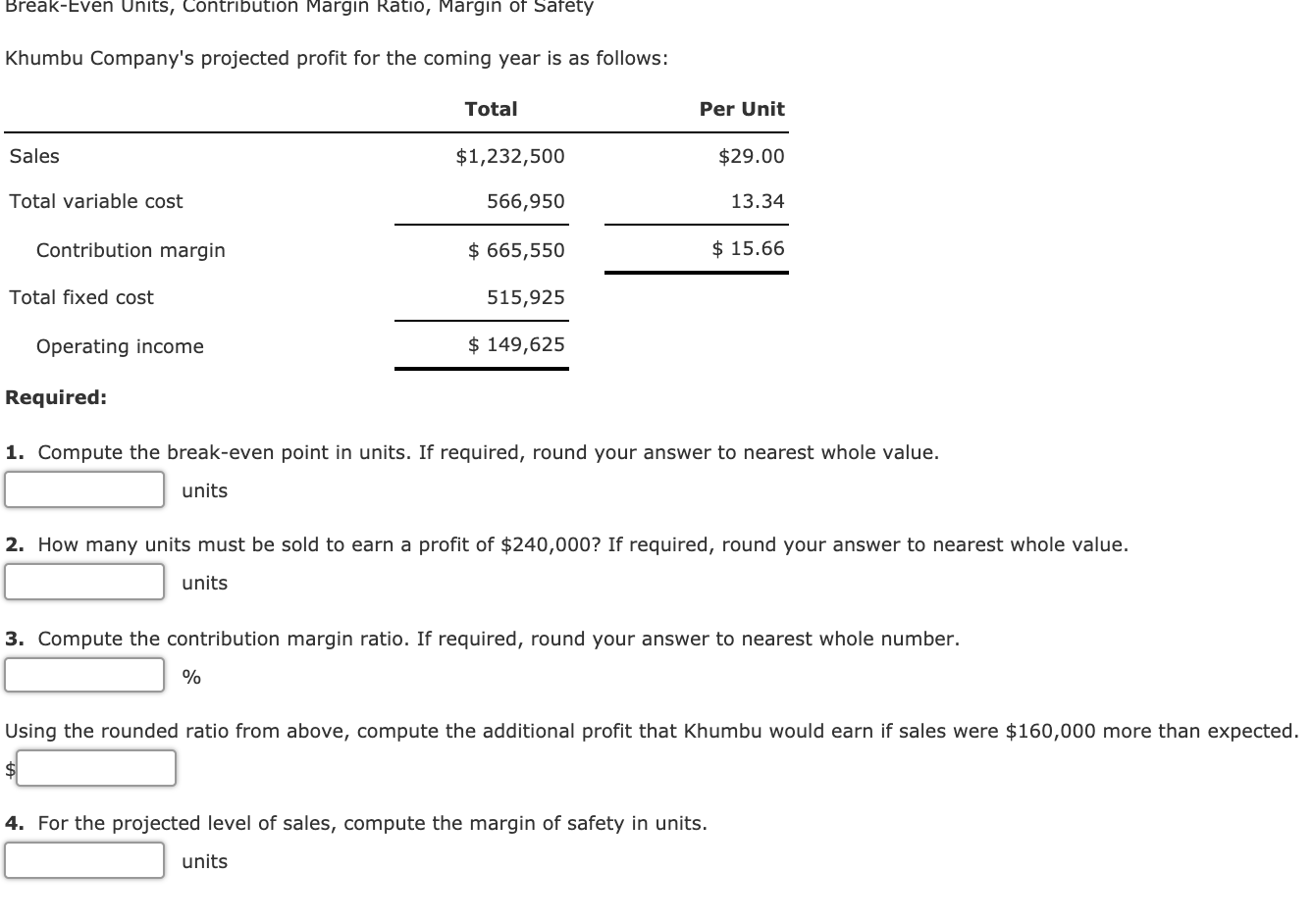 Solved BreakEven Units, Contribution Margin Ratio, Margin