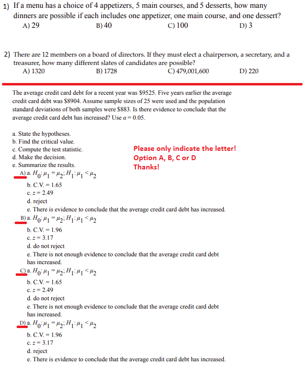 Solved 1) If a menu has a choice of 4 appetizers, 5 main