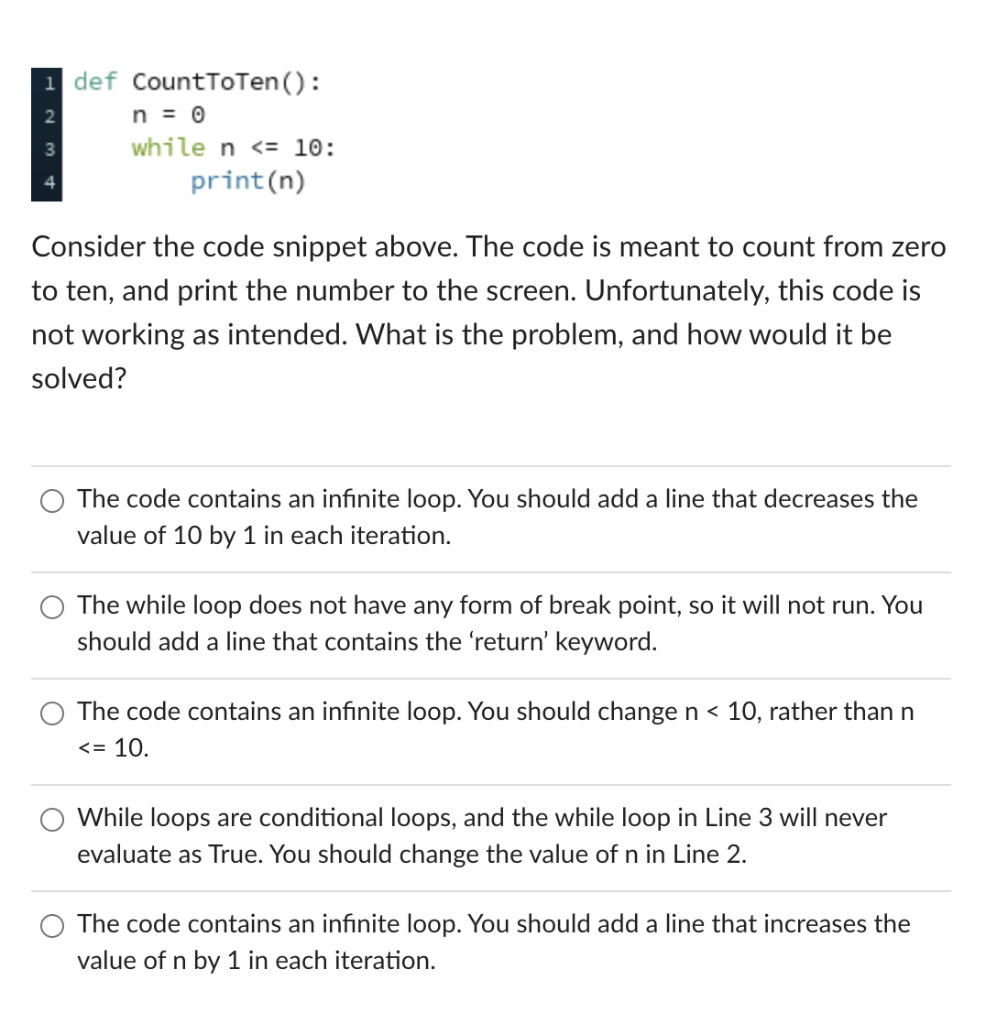 Solved 2 1 def CountToTen(): n = 0 while n