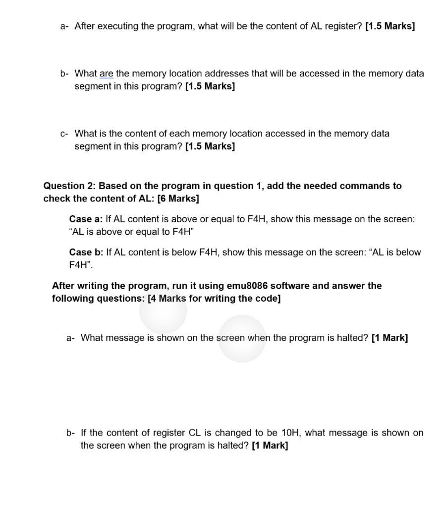 Solved Question 1: Write an assembly language program to do | Chegg.com