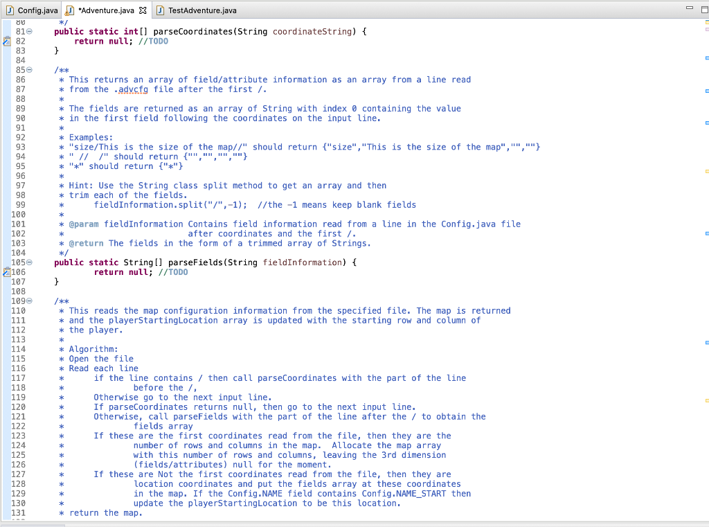 Config.java d *adventure.java x testadventure.java public static int[] parsecoordinates(string coordinatestring) { return nul