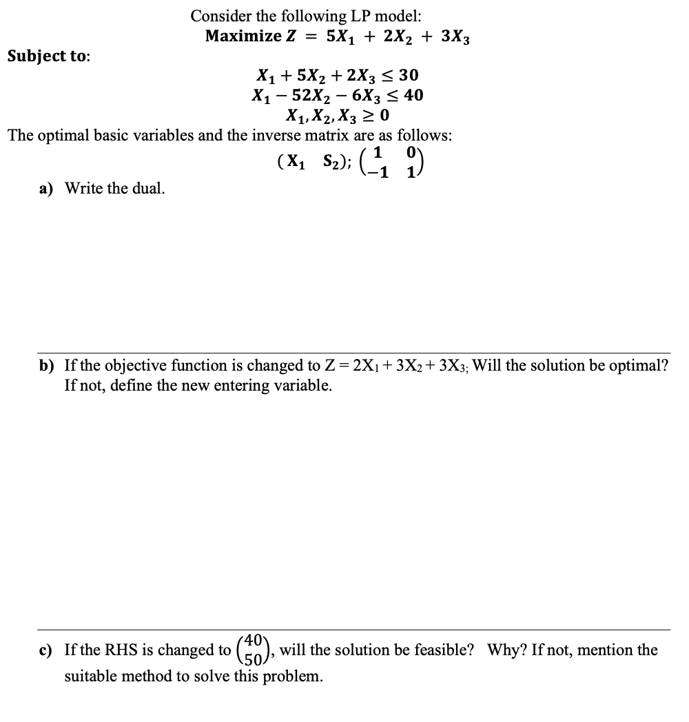 Solved Consider the following LP model: Maximize Z = 5X1 + | Chegg.com