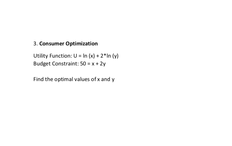 Solved 3. Consumer Optimization Utility Function: U = In (x) | Chegg.com