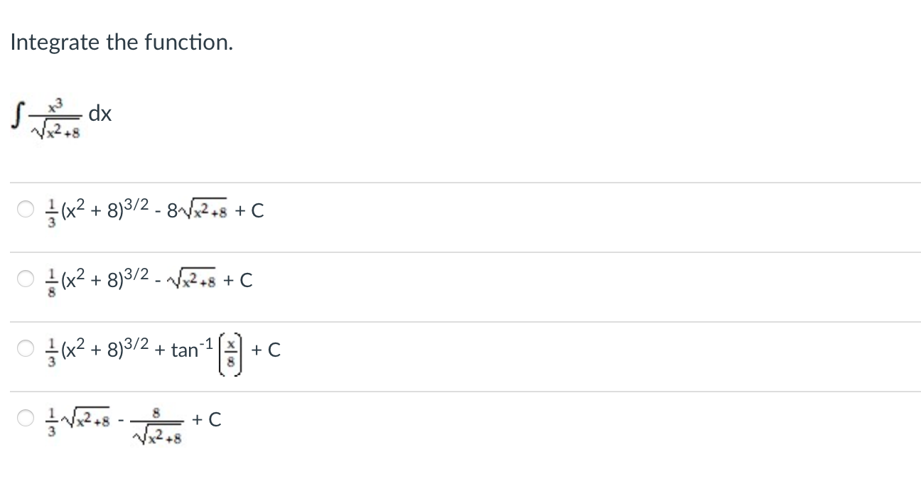 Integrate the function. \[ \begin{array}{l} \int \frac{x^{3}}{\sqrt{x^{2}+8}} d x \\ \frac{1}{3}\left(x^{2}+8\right)^{3 / 2}-