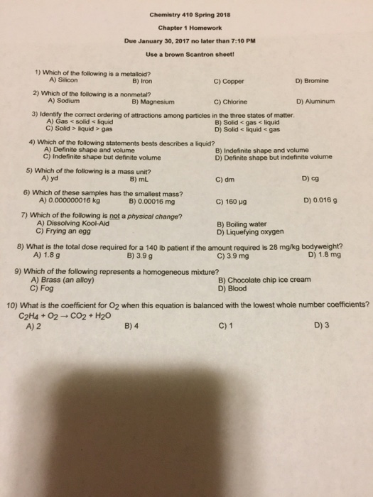 Solved Chemistry 410 Spring 2018 Chapter 1 Homework Due | Chegg.com