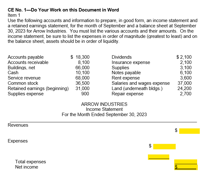 Solved CE No. 1-Do Your Work on this Document in Word Item 1 | Chegg.com