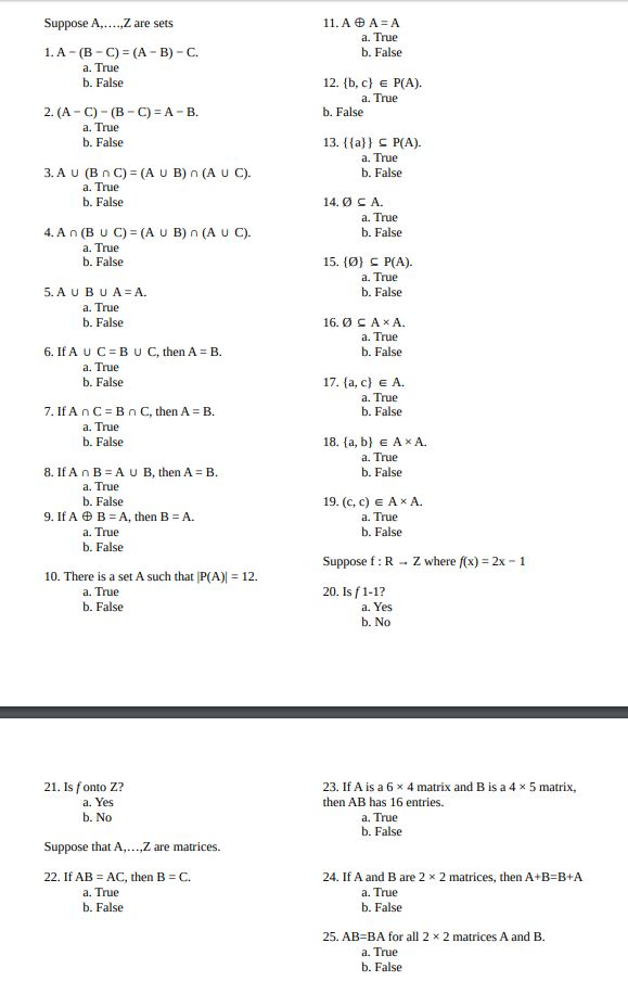 Solved Suppose A Z Are Sets 1 A B C A B C A Chegg Com