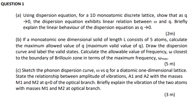 Solved QUESTION 1 (a) Using dispersion equation, for a 1D | Chegg.com