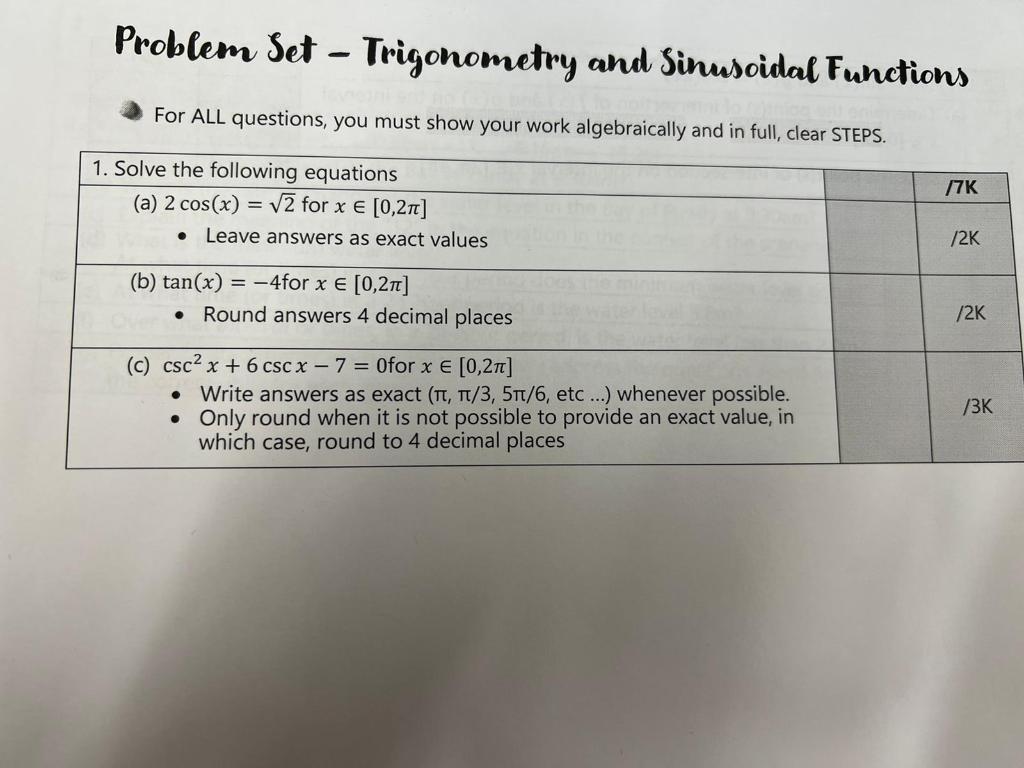 Solved Problem Set - Trigonometry and Sinusoidal Functions | Chegg.com