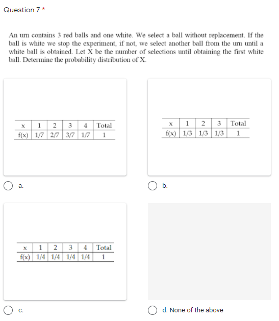 Solved Question 7* An urn contains 3 red balls and one