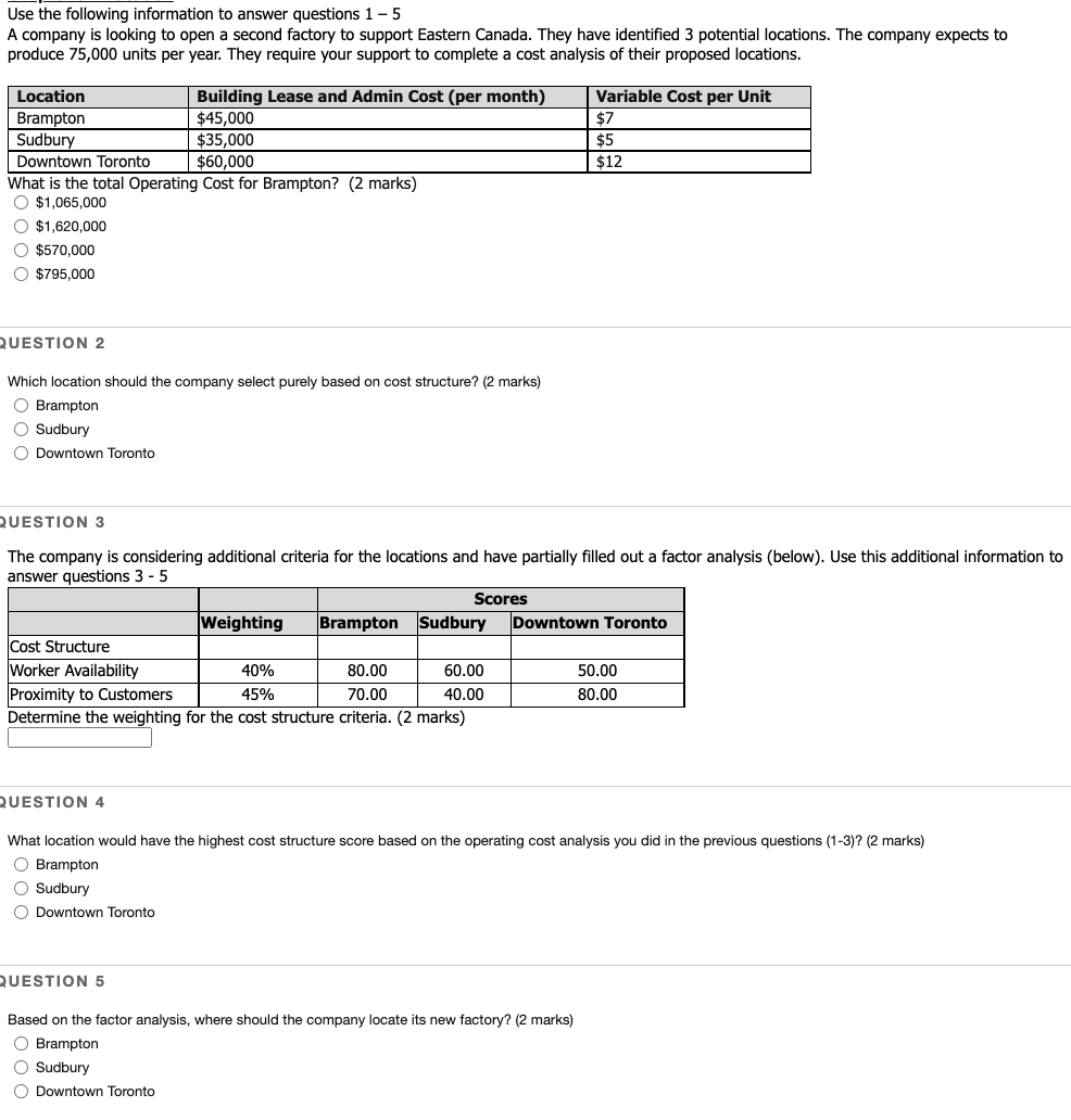 Solved Use The Following Information To Answer Questions 1-5 | Chegg.com