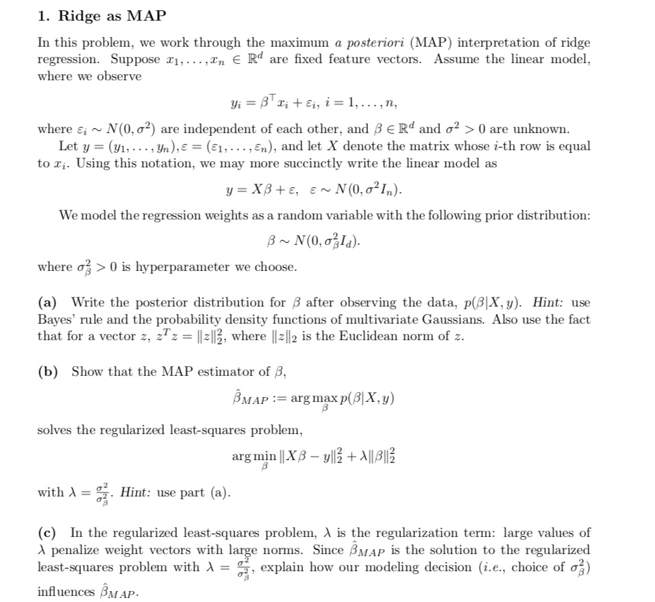 1. Ridge as MAP In this problem, we work through the | Chegg.com