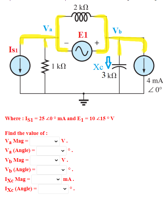 \( \mathrm{I}_{\mathrm{S} 1}=25 \angle 0^{\circ} \mathrm{mA} \) and \( \mathrm{E}_{1}=10 \angle 15^{\circ} \mathrm{V} \)