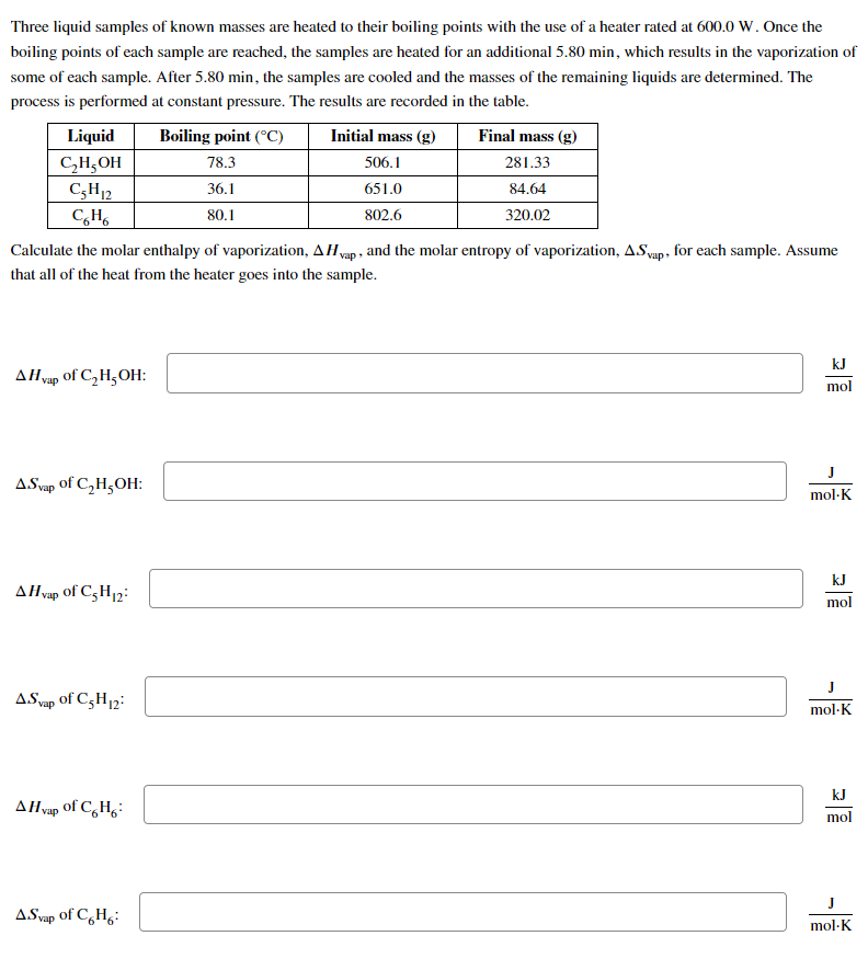 Solved Three liquid samples of known masses are heated to | Chegg.com