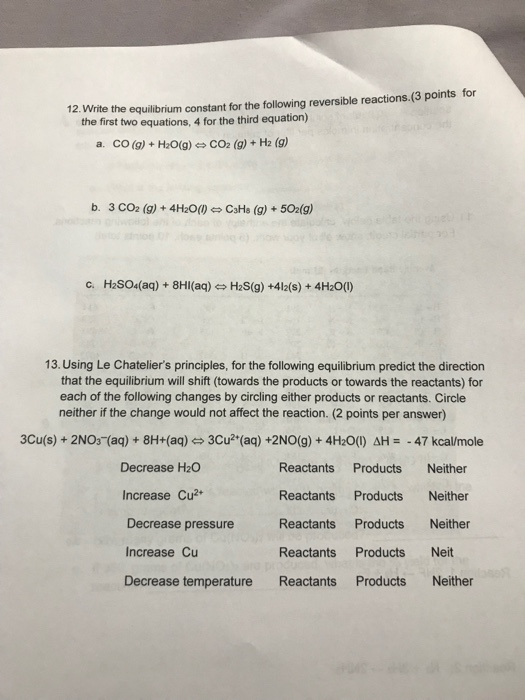 Solved 12. Write the equilibrium constant for the following