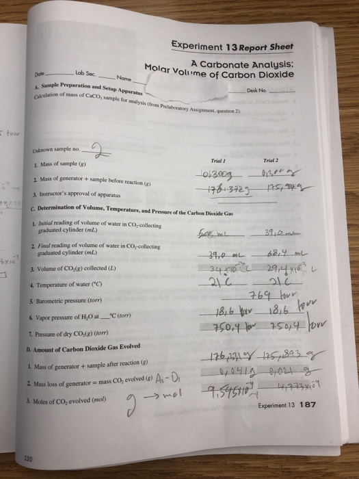 experiment 13 a carbonate analysis report sheet