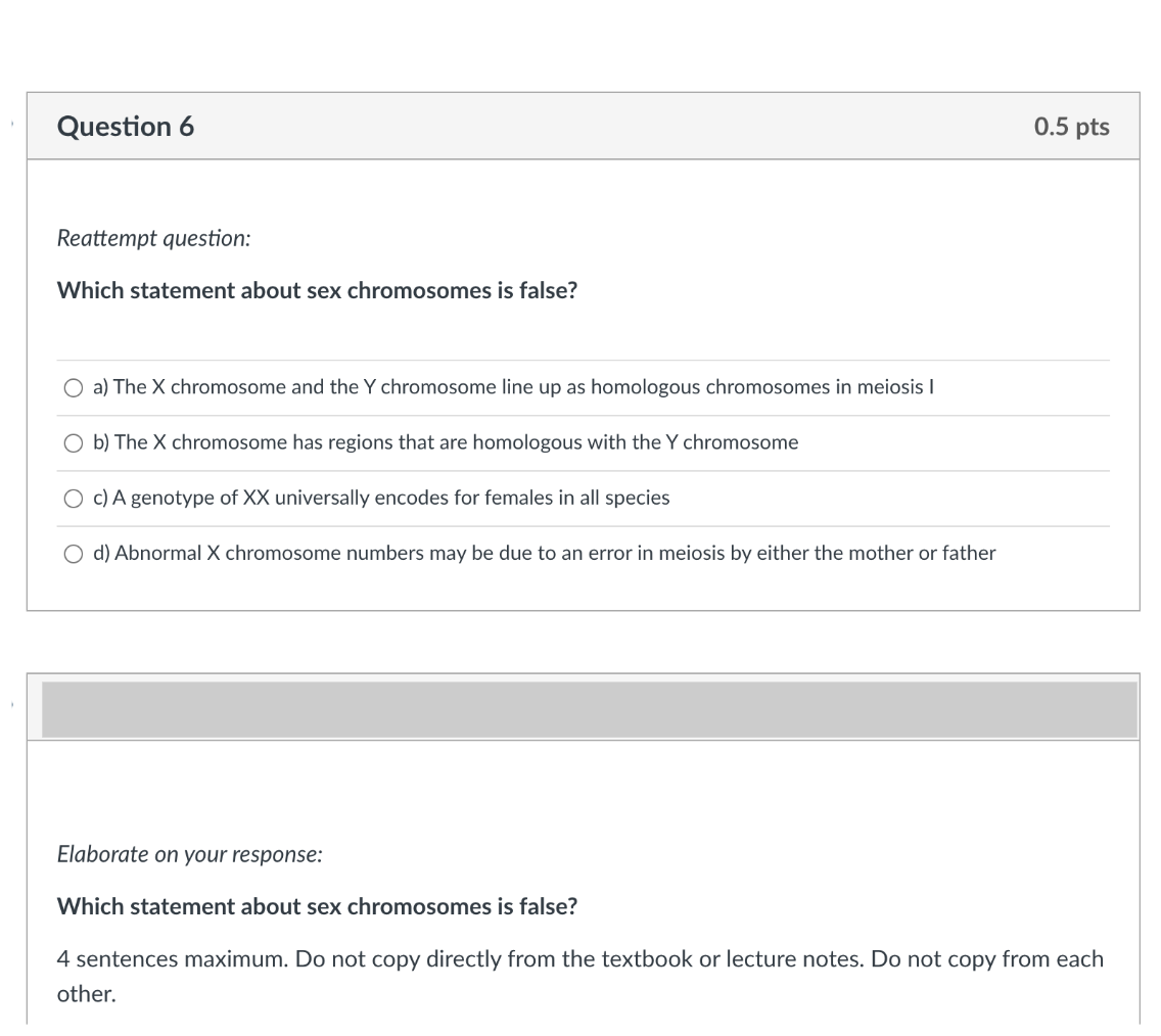 Solved Reattempt question: Which statement about sex | Chegg.com