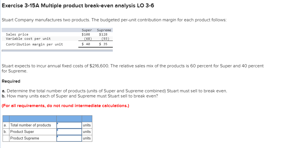 Solved Exercise 3-15A Multiple Product Break-even Analysis | Chegg.com