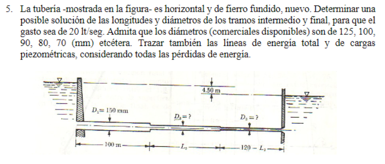 5. La tubería -mostrada en la figura- es horizontal y de fierro fundido, nuevo. Determinar una posible solución de las longit