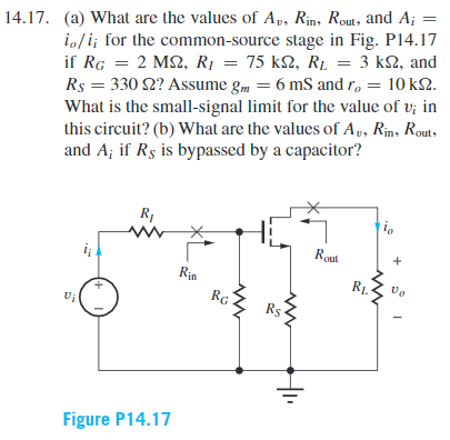 14.17. (a) what are the values of ay, rin, rout, and a; io/i; for the common-source stage in fig. p14.17 if rg =