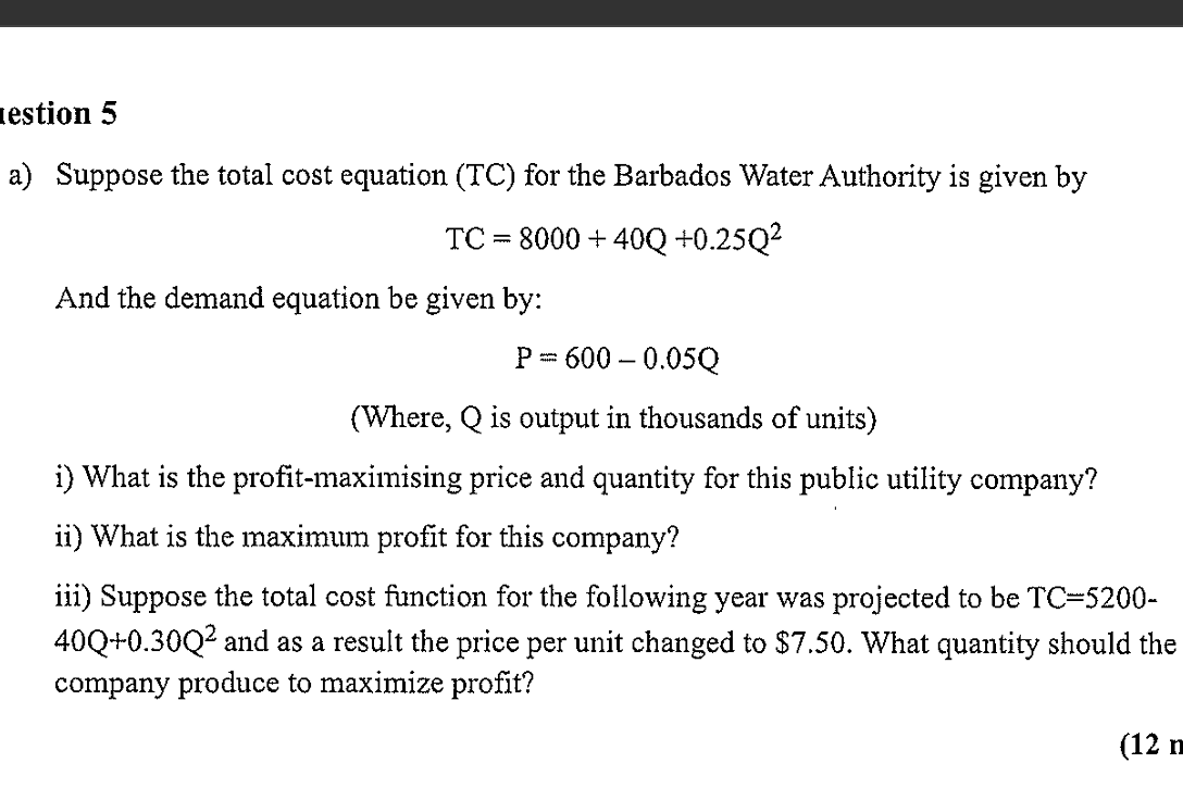 Solved suppose the total cost equation tc for the barbados chegg
