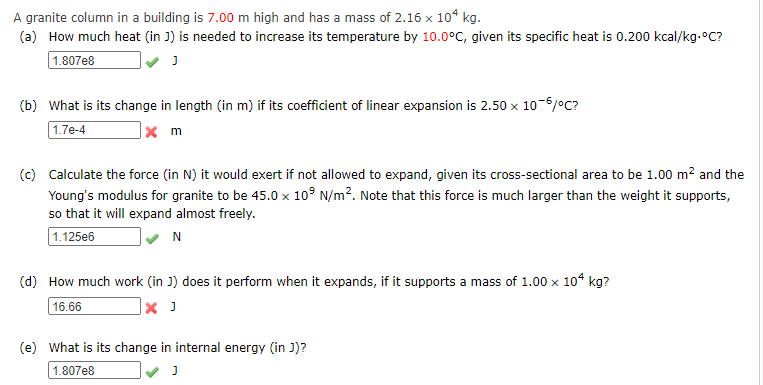 Solved A granite column in a building is 7.00 m high and has Chegg