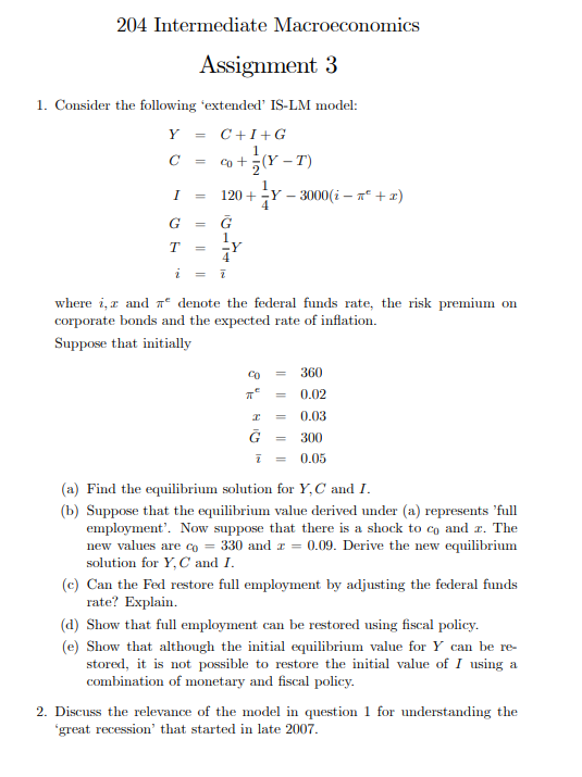 Solved 204 Intermediate Macroeconomics Assignment 3 1. | Chegg.com