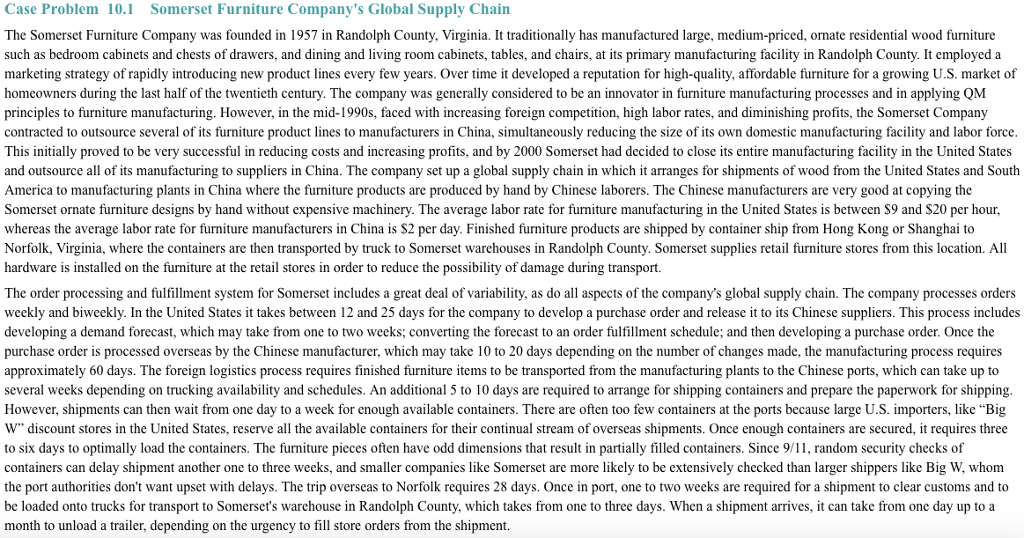 Case Problem 10.1 Somerset Furniture Company's Global