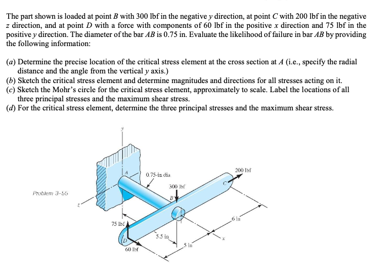 Solved The part shown is loaded at point B with 300 lbf in | Chegg.com