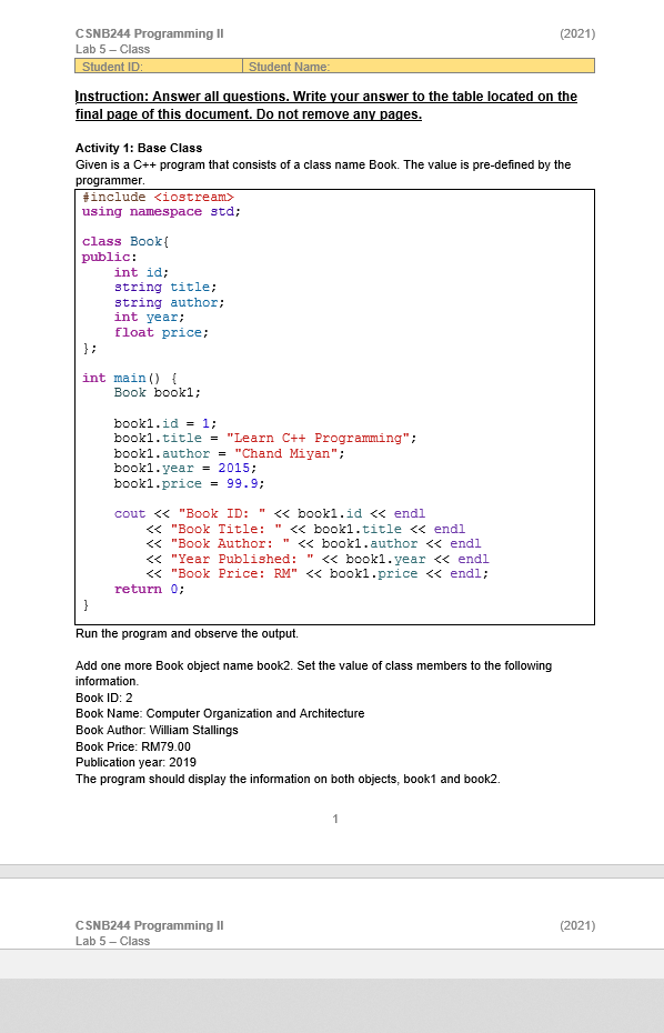 CSNB244 Programming II (2021) Lab 5 - Class Student | Chegg.com