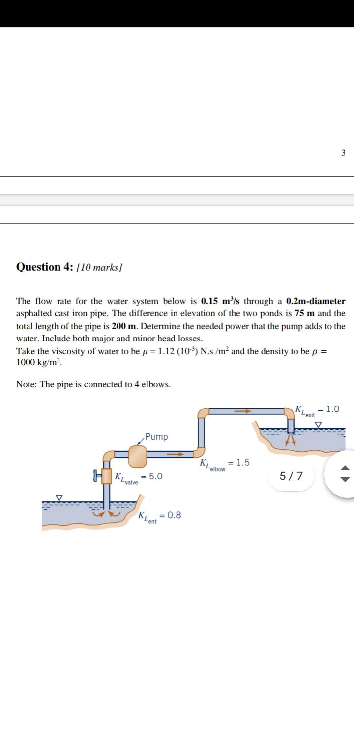 Solved 3 Question 4: [10 marks] The flow rate for the water | Chegg.com