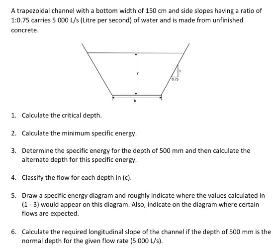 Solved A trapezoidal channel with a bottom width of 150 cm | Chegg.com