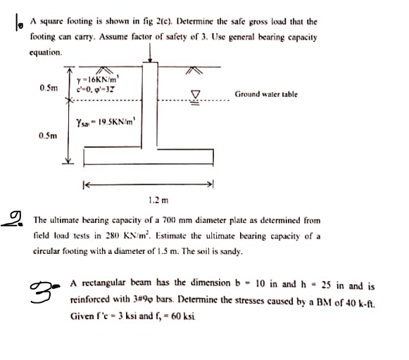 Solved |o A square footing is shown in fig 2(c). Determine | Chegg.com