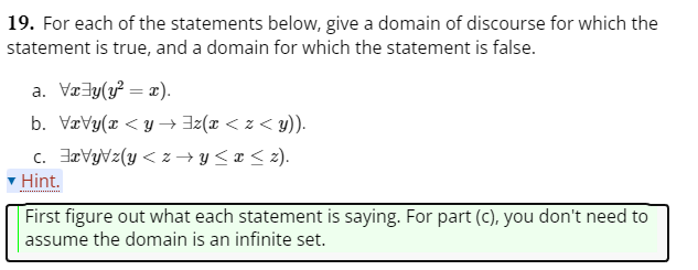 Solved 19. For each of the statements below, give a domain | Chegg.com
