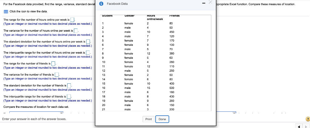 Solved For The Facebook Data Provided Find The Range Va Chegg Com