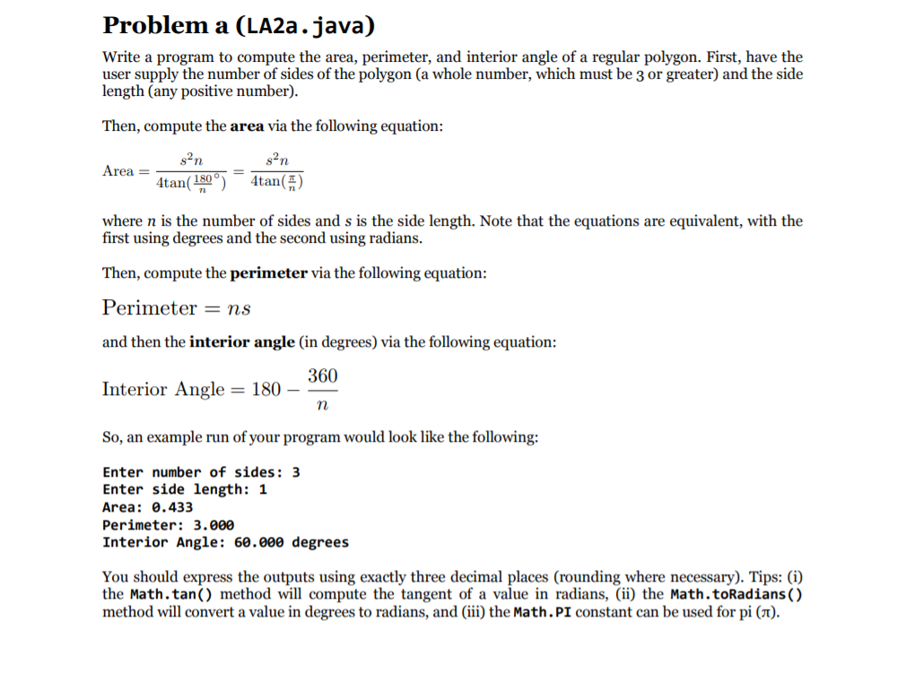 Solved Problem a (LA2a.java) Write a program to compute the | Chegg.com