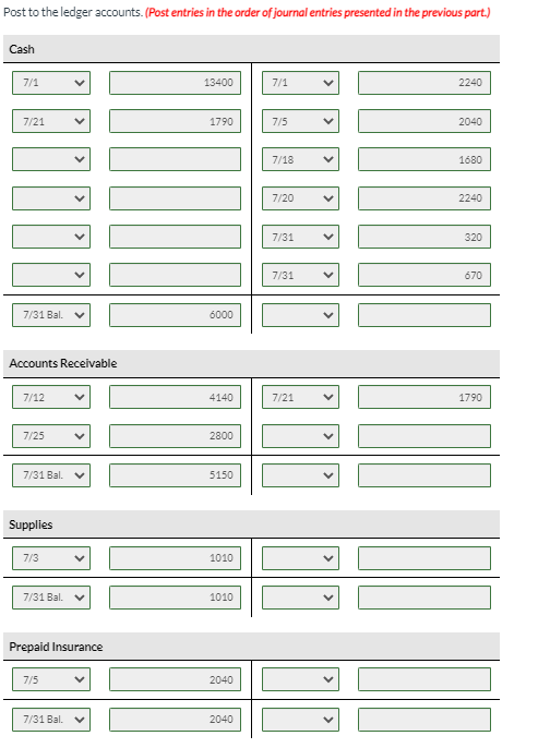 Solved Post to the ledger accounts. (Post entries in the | Chegg.com