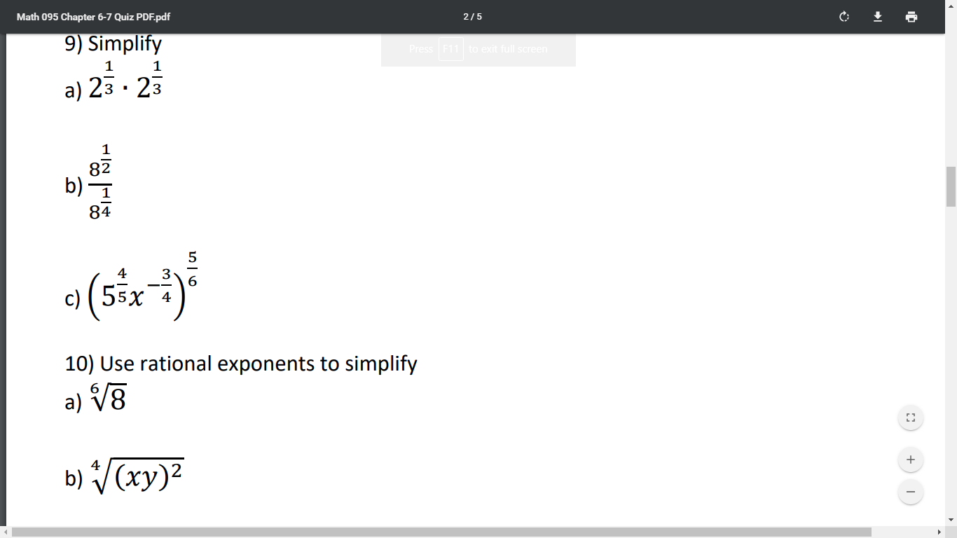 Solved Math 095 Chapter 6 7 Quiz Pdf Pdf 2 5 9 Simplify Chegg Com