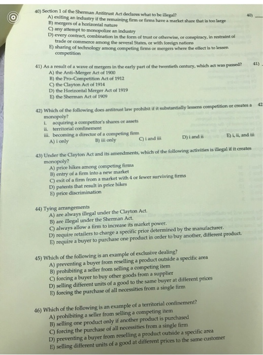 Solved 40) Section 1 of the Sherman Antitrust Act declares | Chegg.com