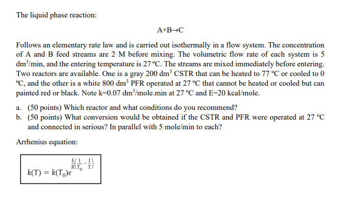 Solved The liquid phase reaction: A+B→C Follows an | Chegg.com