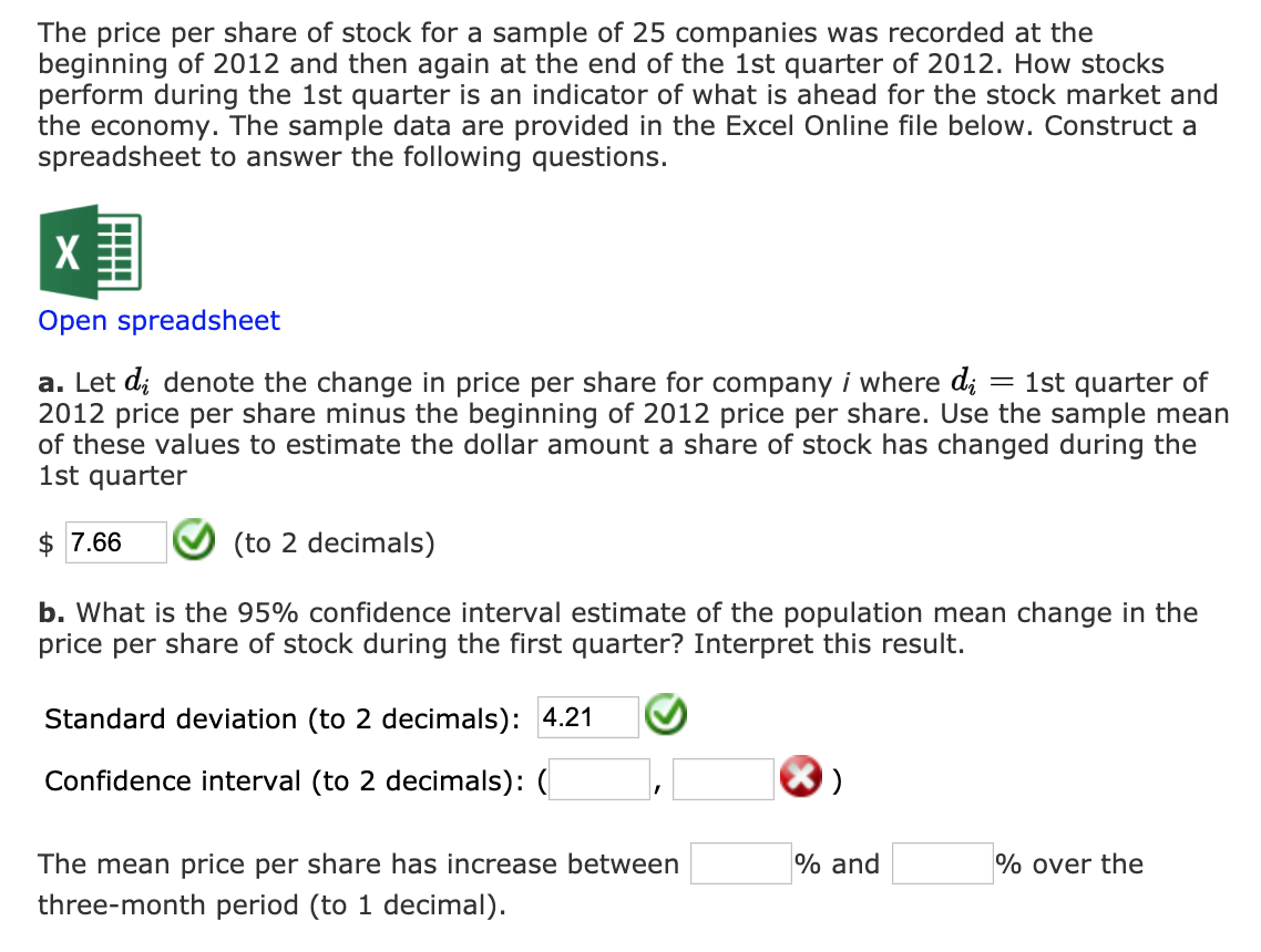 Solved The price per share of stock for a sample of 25