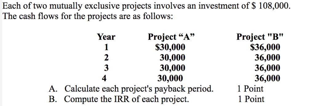 Solved Each of two mutually exclusive projects involves an | Chegg.com