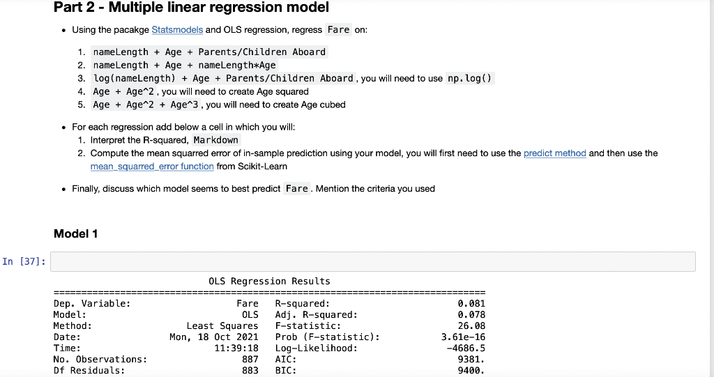 Part 2 - Multiple linear regression model • Using the | Chegg.com