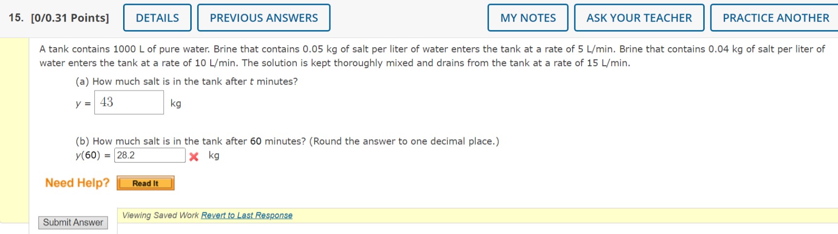 Solved A tank contains 1000 L of pure water. Brine that | Chegg.com