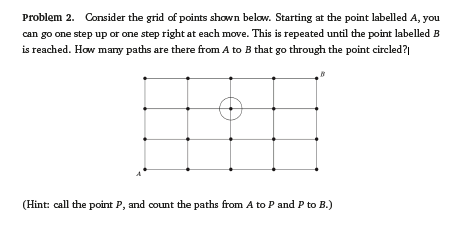 Problem 2. Consider the grid of points shown below. Starting at the point labelled \( A \), you can go one step up or one ste