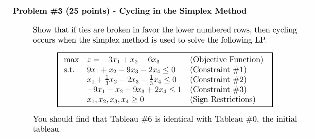 Cycling Example Simplex Problem #3 (25 points) - Cycling in the Simplex | Chegg.com