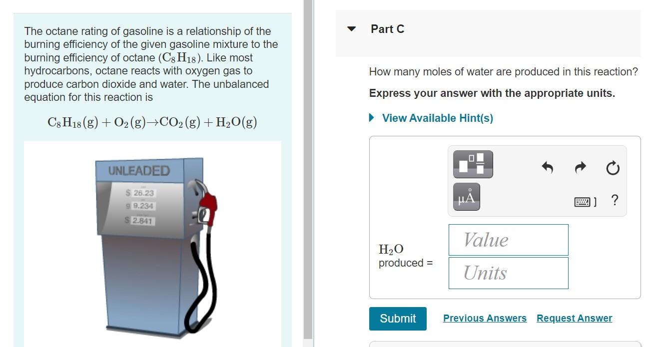 Solved Part C The octane rating of gasoline is a | Chegg.com