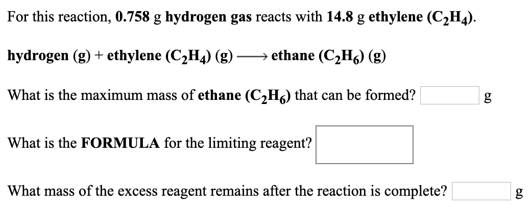 Solved For this reaction 0.758 g hydrogen gas reacts with Chegg